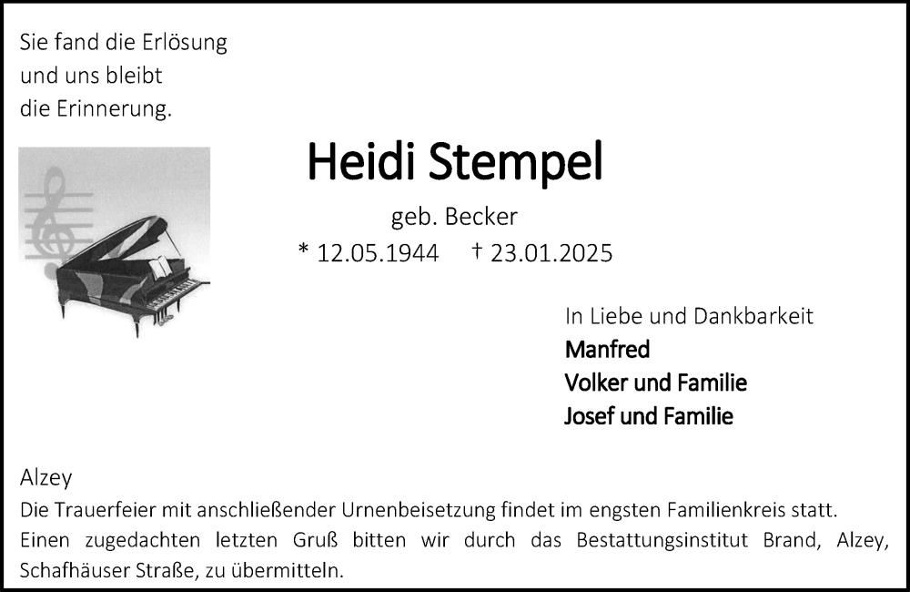  Traueranzeige für Heidi Stempel vom 01.02.2025 aus Allgemeine Zeitung Alzey