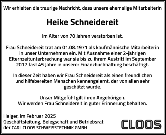 Traueranzeige von Heike Schneidereit von Dill Block