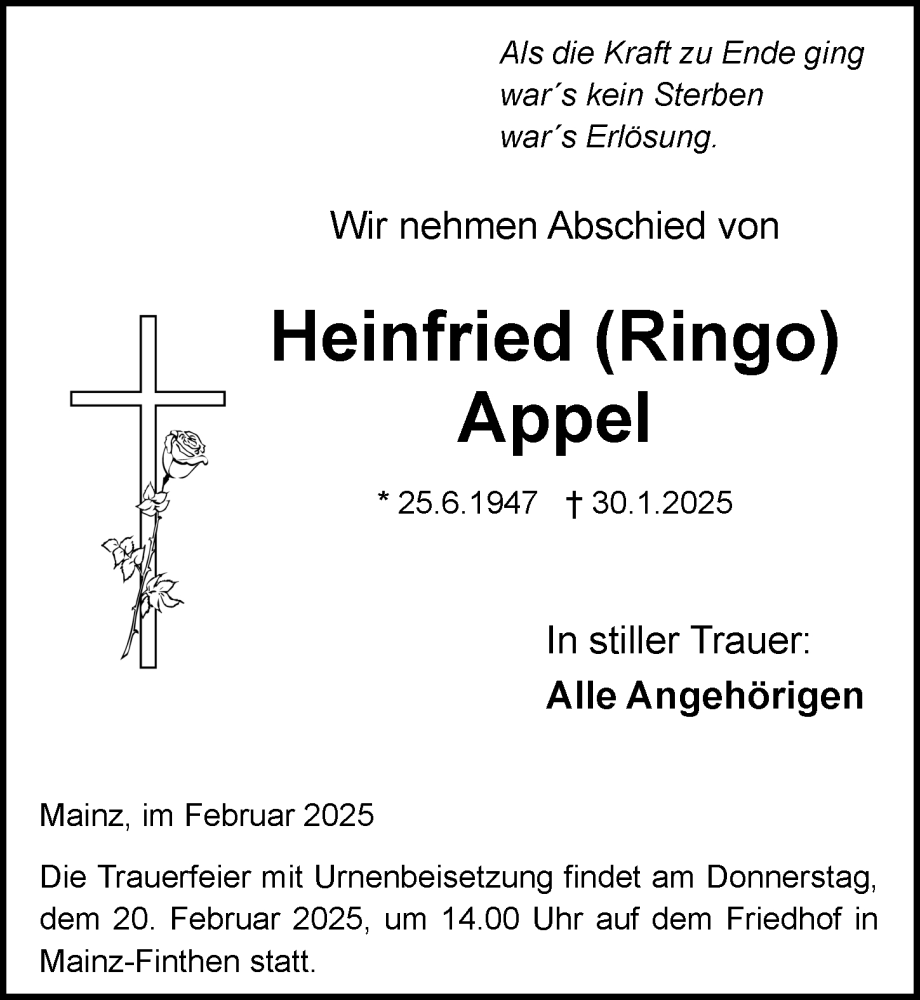  Traueranzeige für Heinfried Appel vom 15.02.2025 aus Allgemeine Zeitung Mainz