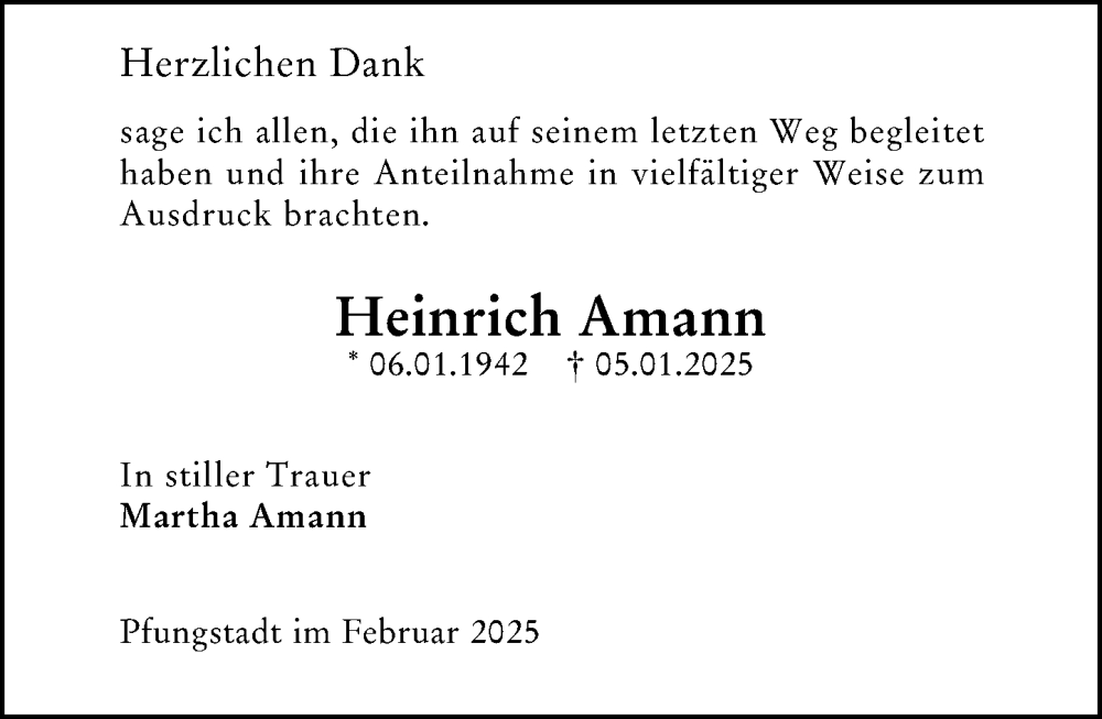  Traueranzeige für Heinrich Amann vom 08.02.2025 aus Darmstädter Echo