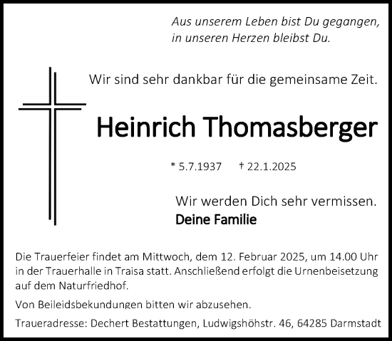 Traueranzeige von Heinrich Thomasberger von Darmstädter Echo