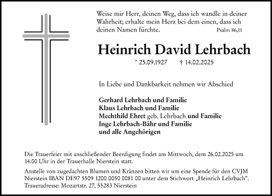 Traueranzeige von Heinrich David Lehrbach von Allgemeine Zeitung Mainz