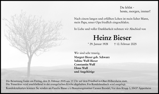 Traueranzeige von Heinz Bieser von Allgemeine Zeitung Rheinhessen-Nahe