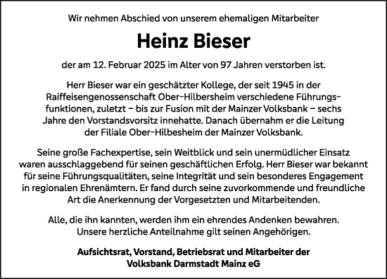 Traueranzeige von Heinz Bieser von Allgemeine Zeitung Rheinhessen-Nahe