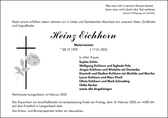 Traueranzeige von Heinz Eichhorn von Weilburger Tageblatt