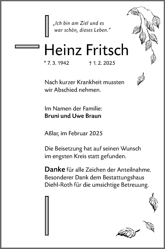 Traueranzeige von Heinz Fritsch von Wetzlarer Neue Zeitung