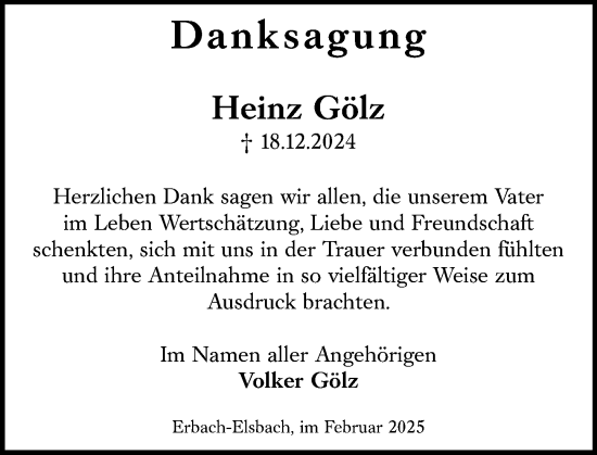 Traueranzeige von Heinz Gölz von Odenwälder Echo