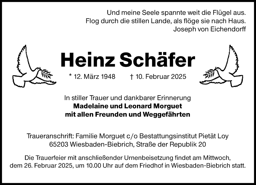  Traueranzeige für Heinz Schäfer vom 22.02.2025 aus Wiesbadener Kurier