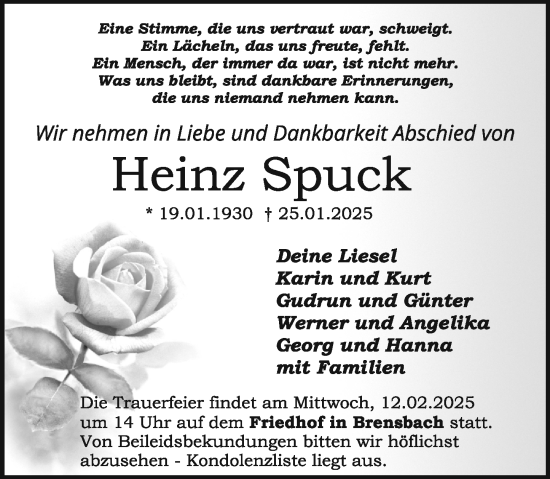 Traueranzeige von Heinz Spuck von Odenwälder Echo