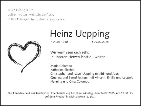 Traueranzeige von Heinz Uepping von Allgemeine Zeitung Mainz