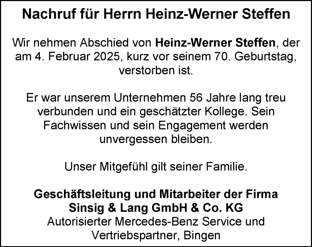  Traueranzeige für Heinz-Werner Steffen vom 22.02.2025 aus Allgemeine Zeitung Rheinhessen-Nahe