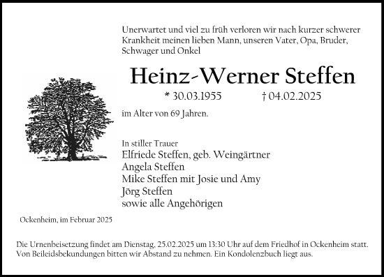 Traueranzeige von Heinz-Werner Steffen von Allgemeine Zeitung Rheinhessen-Nahe