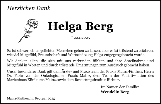 Traueranzeige von Helga Berg von Allgemeine Zeitung Mainz