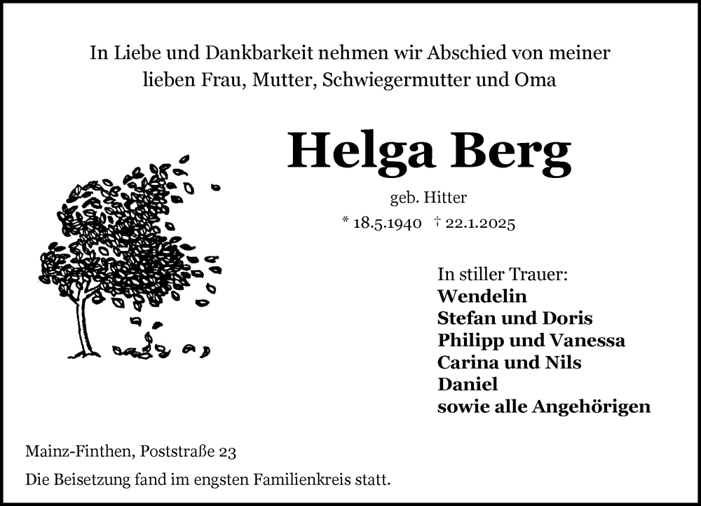  Traueranzeige für Helga Berg vom 08.02.2025 aus Allgemeine Zeitung Mainz
