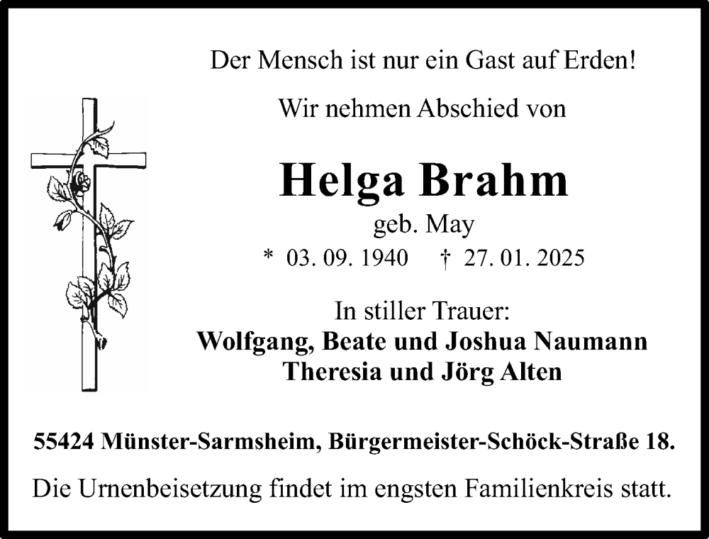  Traueranzeige für Helga Brahm vom 01.02.2025 aus Allgemeine Zeitung Rheinhessen-Nahe