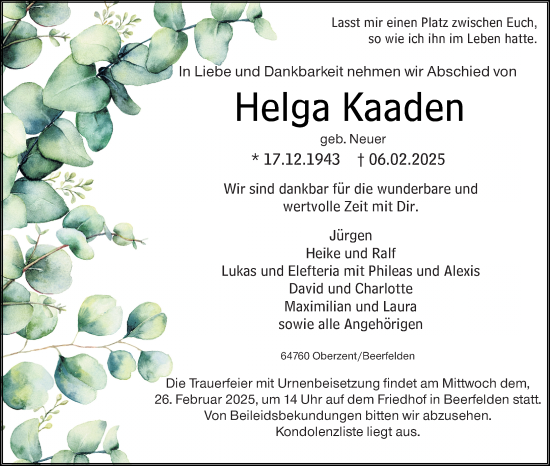 Traueranzeige von Helga Kaaden von Odenwälder Echo