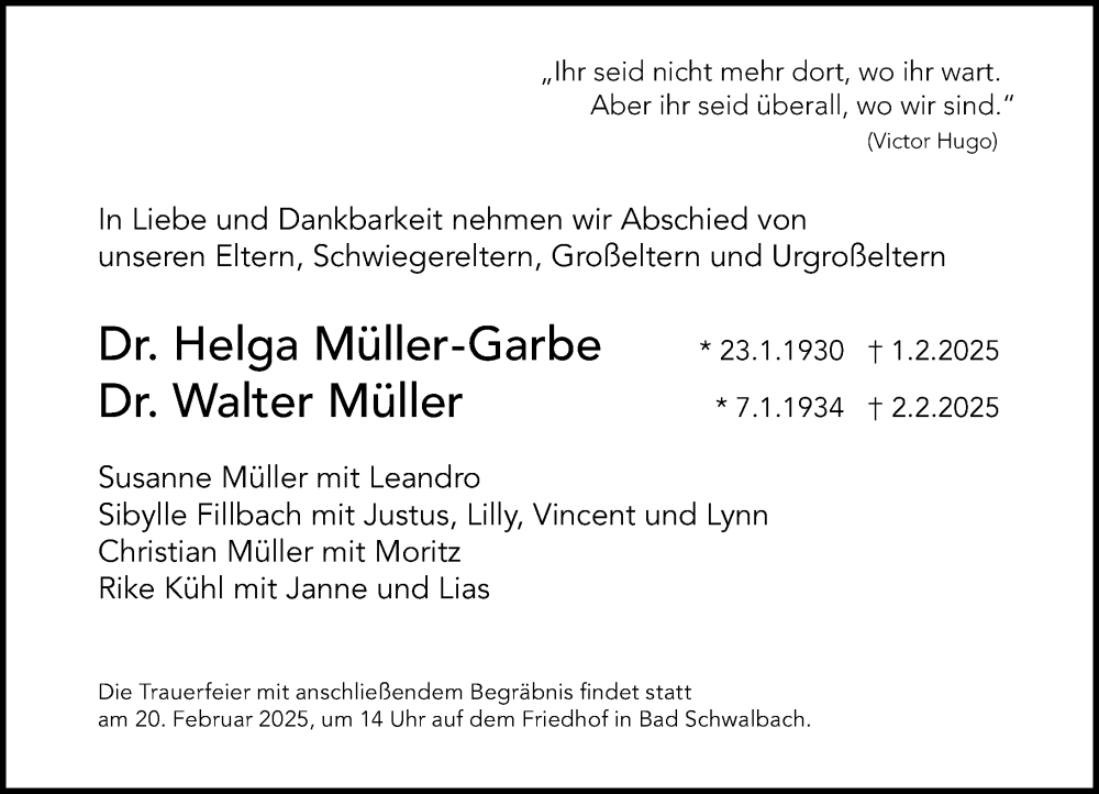  Traueranzeige für Helga Müller-Garbe vom 08.02.2025 aus Wiesbadener Kurier