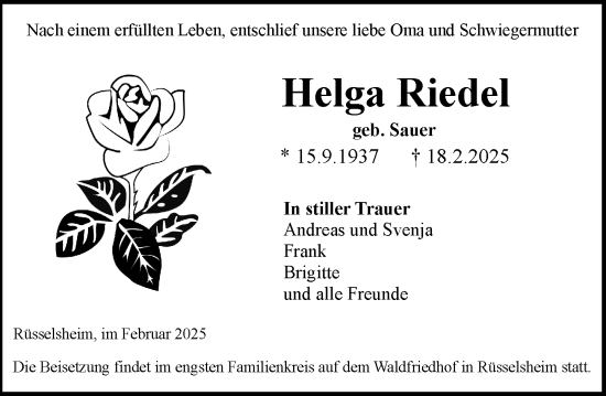 Traueranzeige von Helga Riedel von Rüsselsheimer Echo
