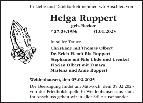 Traueranzeige von Helga Ruppert von Hinterländer Anzeiger