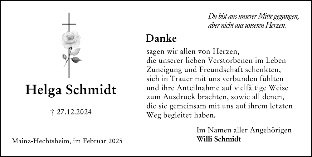 Traueranzeige für Helga Schmidt vom 15.02.2025 aus Allgemeine Zeitung Mainz