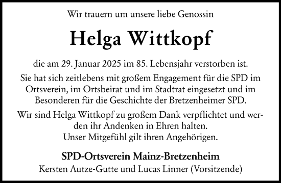 Traueranzeige von Helga Wittkopf von Allgemeine Zeitung Mainz