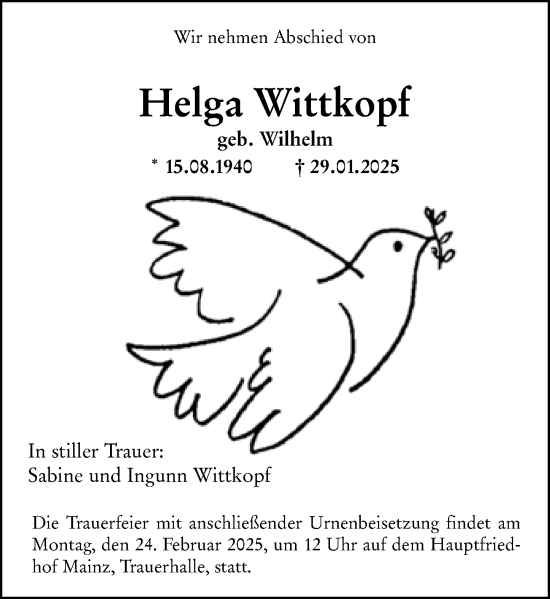 Traueranzeige von Helga Wittkopf von Allgemeine Zeitung Mainz