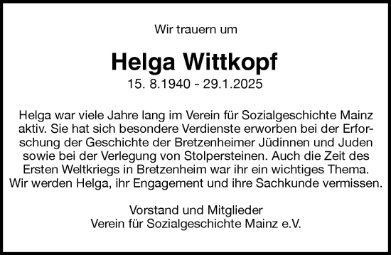 Traueranzeige von Helga Wittkopf von Allgemeine Zeitung Mainz