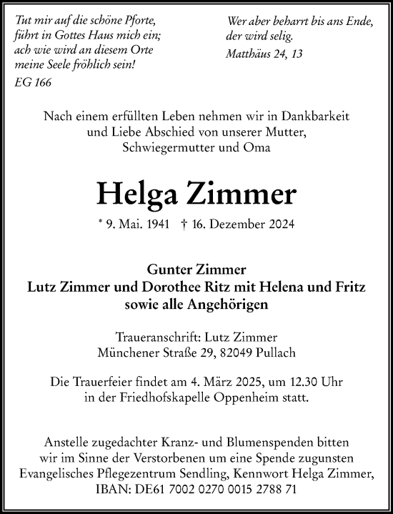Traueranzeige von Helga Zimmer von Allgemeine Zeitung Mainz