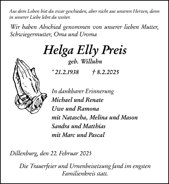 Traueranzeige von Helga Elly Preis von Dill Block