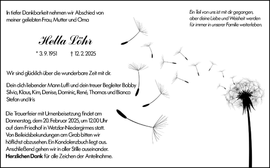 Traueranzeige von Hella Löhr von Wetzlarer Neue Zeitung