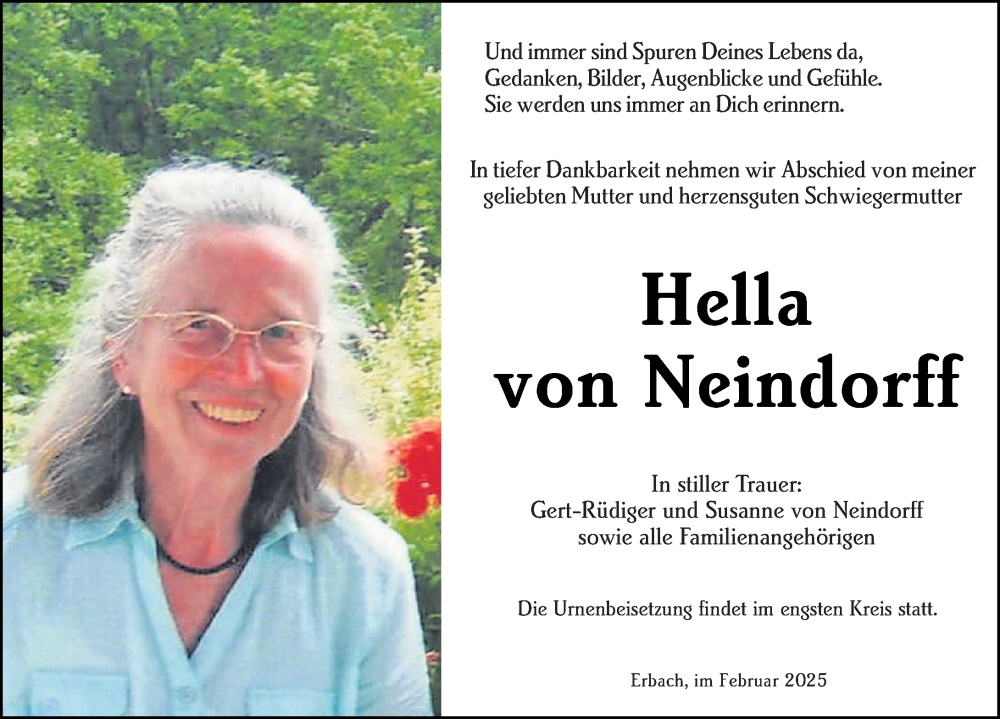  Traueranzeige für Hella von Neindorff vom 08.02.2025 aus Odenwälder Echo