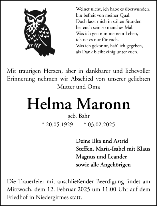Traueranzeige von Helma Maronn von Wetzlarer Neue Zeitung