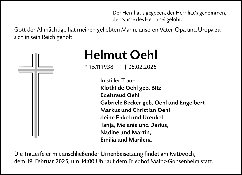  Traueranzeige für Helmut Oehl vom 15.02.2025 aus Allgemeine Zeitung Mainz