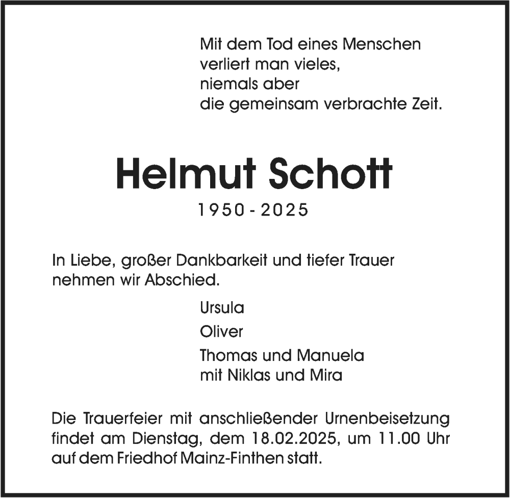  Traueranzeige für Helmut Schott vom 08.02.2025 aus Allgemeine Zeitung Mainz
