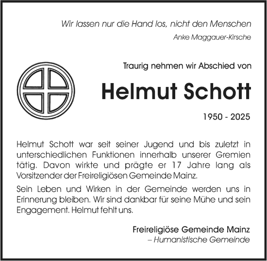 Traueranzeige von Helmut Schott von Allgemeine Zeitung Mainz