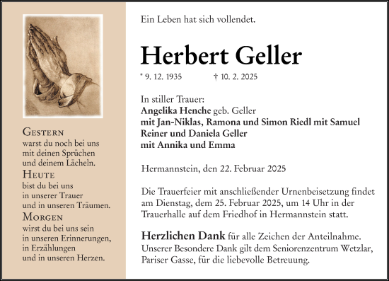 Traueranzeige von Herbert Geller von Wetzlarer Neue Zeitung