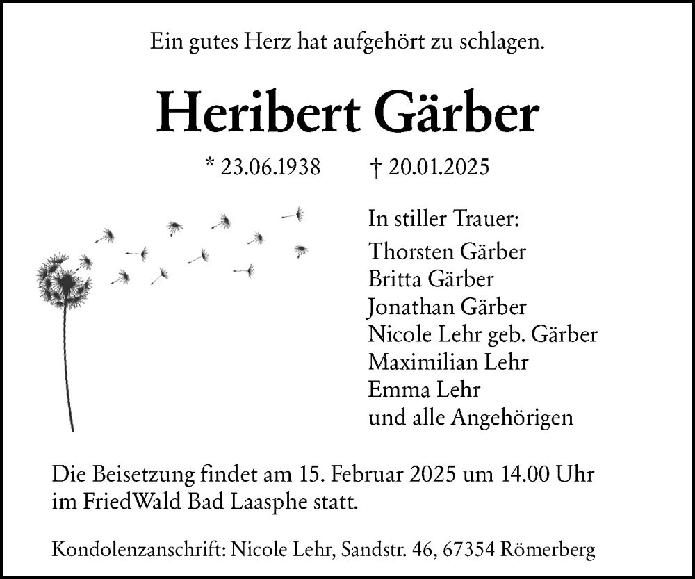  Traueranzeige für Heribert Gärber vom 07.02.2025 aus Hinterländer Anzeiger