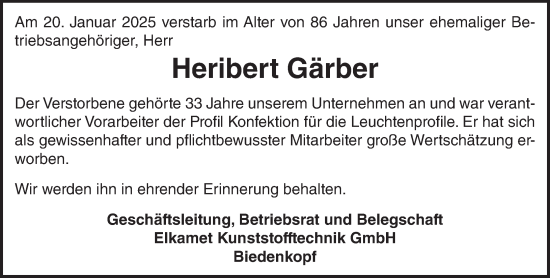Traueranzeige von Heribert Gärber von Hinterländer Anzeiger