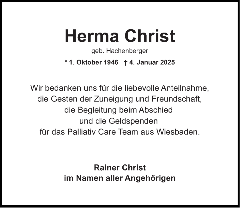 Traueranzeige für Herma Christ vom 22.02.2025 aus Wiesbadener Kurier