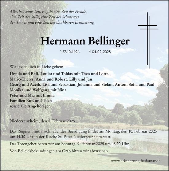 Traueranzeige von Hermann Bellinger von Nassauische Neue Presse