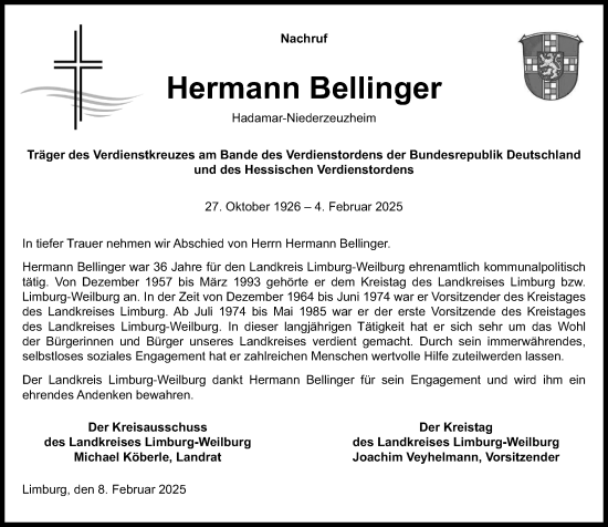 Traueranzeige von Hermann Bellinger von Weilburger Tageblatt