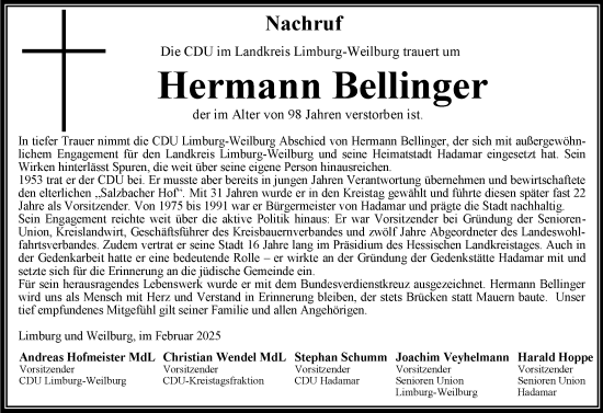 Traueranzeige von Hermann Bellinger von Nassauische Neue Presse