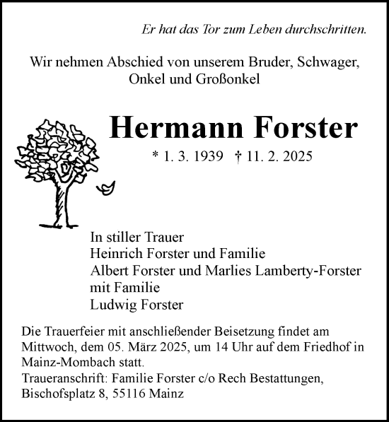 Traueranzeige von Hermann Forster von Allgemeine Zeitung Mainz