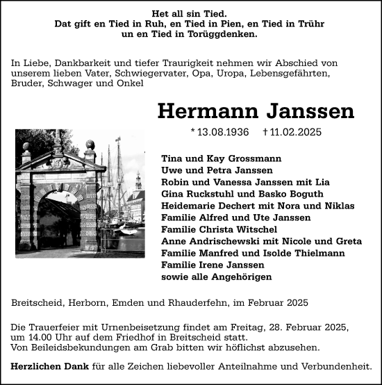 Traueranzeige von Hermann Janssen von Dill Block