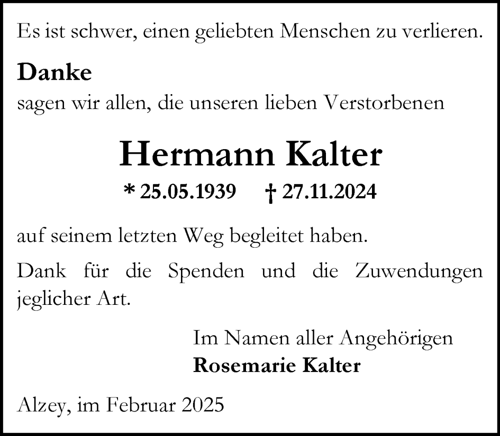  Traueranzeige für Hermann Kalter vom 01.02.2025 aus Allgemeine Zeitung Alzey