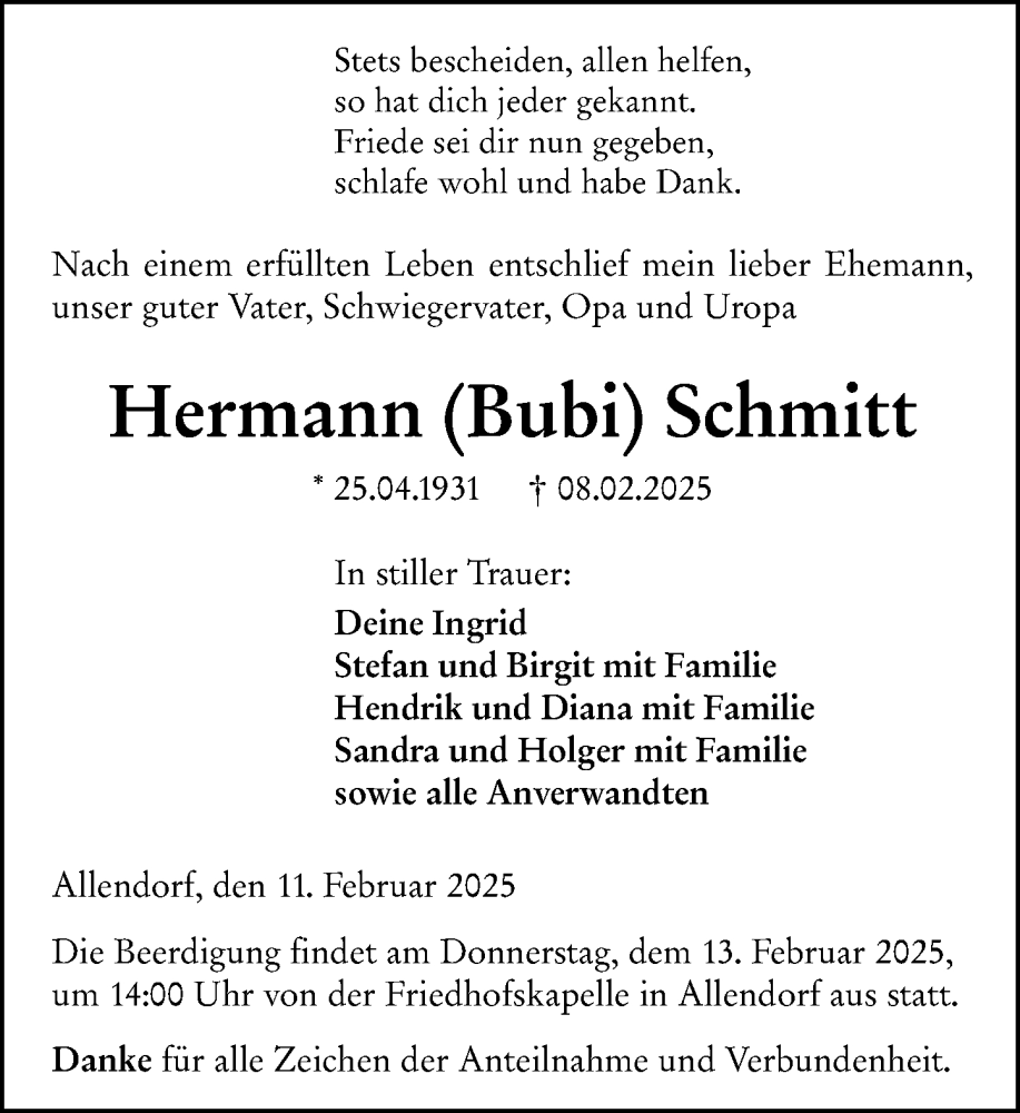  Traueranzeige für Hermann Schmitt vom 11.02.2025 aus Dill Block