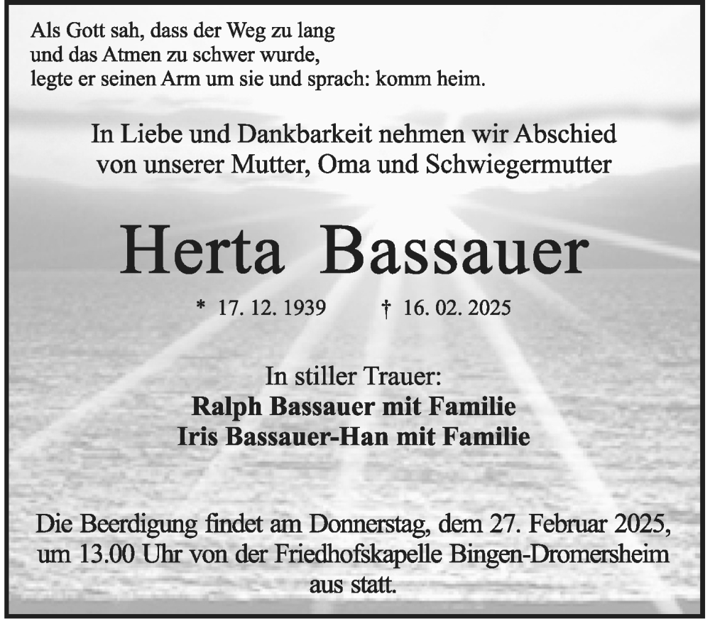  Traueranzeige für Herta Bassauer vom 22.02.2025 aus Allgemeine Zeitung Rheinhessen-Nahe