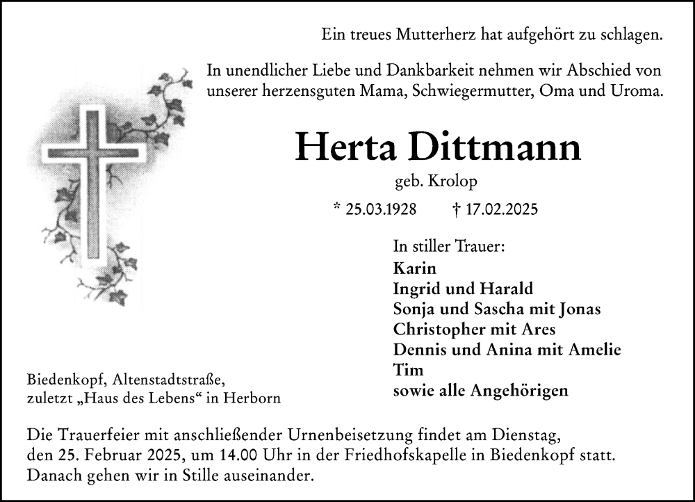  Traueranzeige für Herta Dittmann vom 21.02.2025 aus Hinterländer Anzeiger