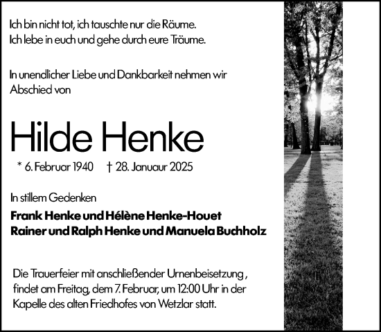 Traueranzeige von Hilde Henke von Wetzlarer Neue Zeitung