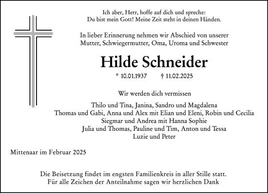 Traueranzeige von Hilde Schneider von Dill Block